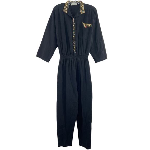 Shannon Vintage 80s Black Cotton Gold Beaded Jumpsuit Women’s Size M/L Preowned - Picture 1 of 7